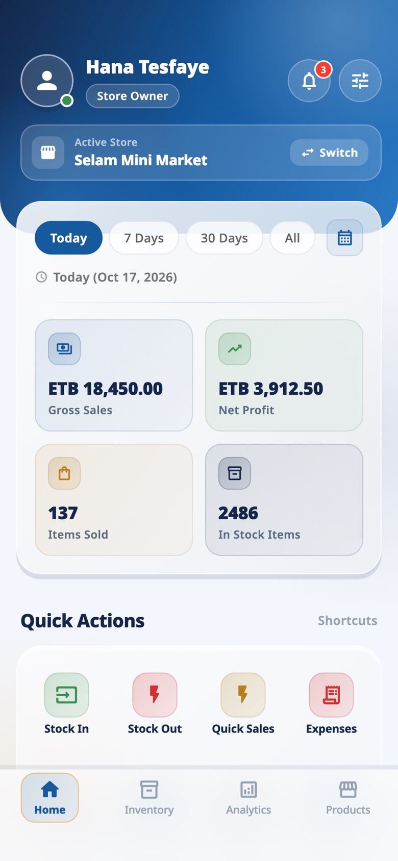OmniSuq home dashboard showing today's sales and profit